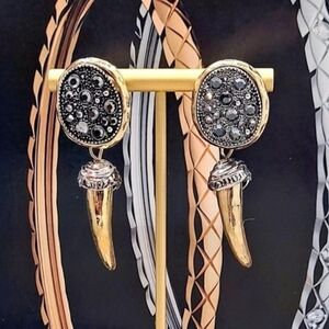 Exotic Natural Marcassite Encrusted Dangling Gold Horn Minimalist Drop Earrings